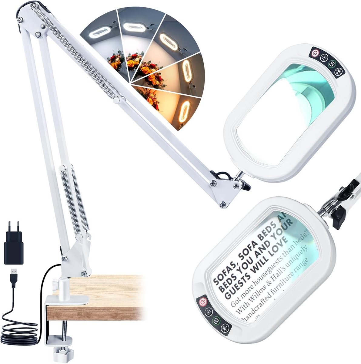 SnelShoppen - Rectangular Vergrootglas met Licht en Klem, 10x Vergroting, 2 x 40 cm Flexibele Swivel Arm, LED Magnifier met 5 Kleuren, Continu Dimmend
