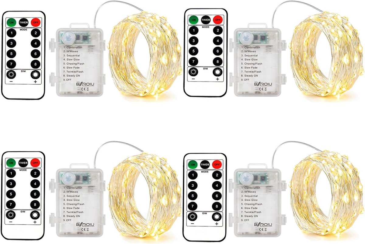 SnelShoppen - Set van 4 Fairy Lights - Batterij Aangedreven, Zilver Draad, 8 Modus, 5 Meter 50 LED's, Inclusief Afstandsbediening - Warm Wit voor Slaa