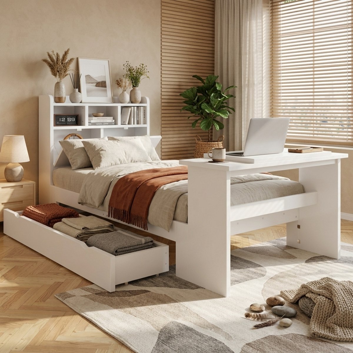 Bed 90x200 cm - Eenpersoonsbed Met Opbergruimte, Hoofdbordrek En Verstelbare Klaptafel - Zonder Matras - Hout - Wit