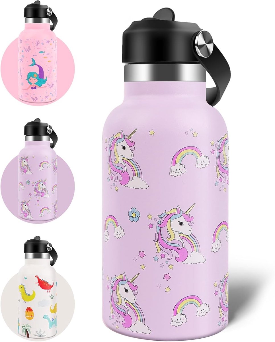 SnelShoppen - RVS Waterfles voor Kinderen 350ml - Geïsoleerde Drinkfles met Verbeterde Lekvrije Deksel en Rietje - Unicorn Design voor Jongens en Meis