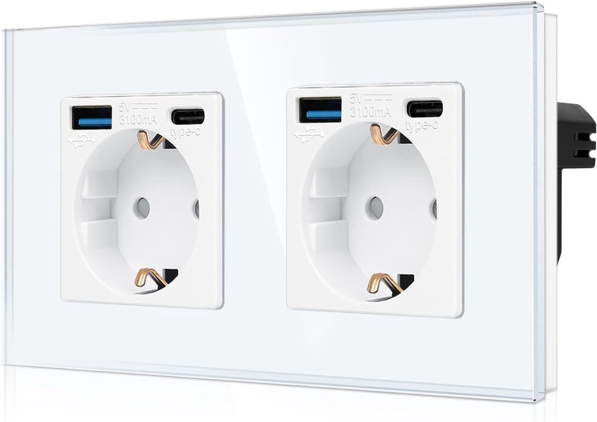 SnelShoppen - Dubbel Stopcontact met 2 USB-C en 2 USB-A Poorten, Snelladen 20W, Glazen Inbouwstopcontact, Geaard, Witte Wandcontactdoos met Kinderbeve