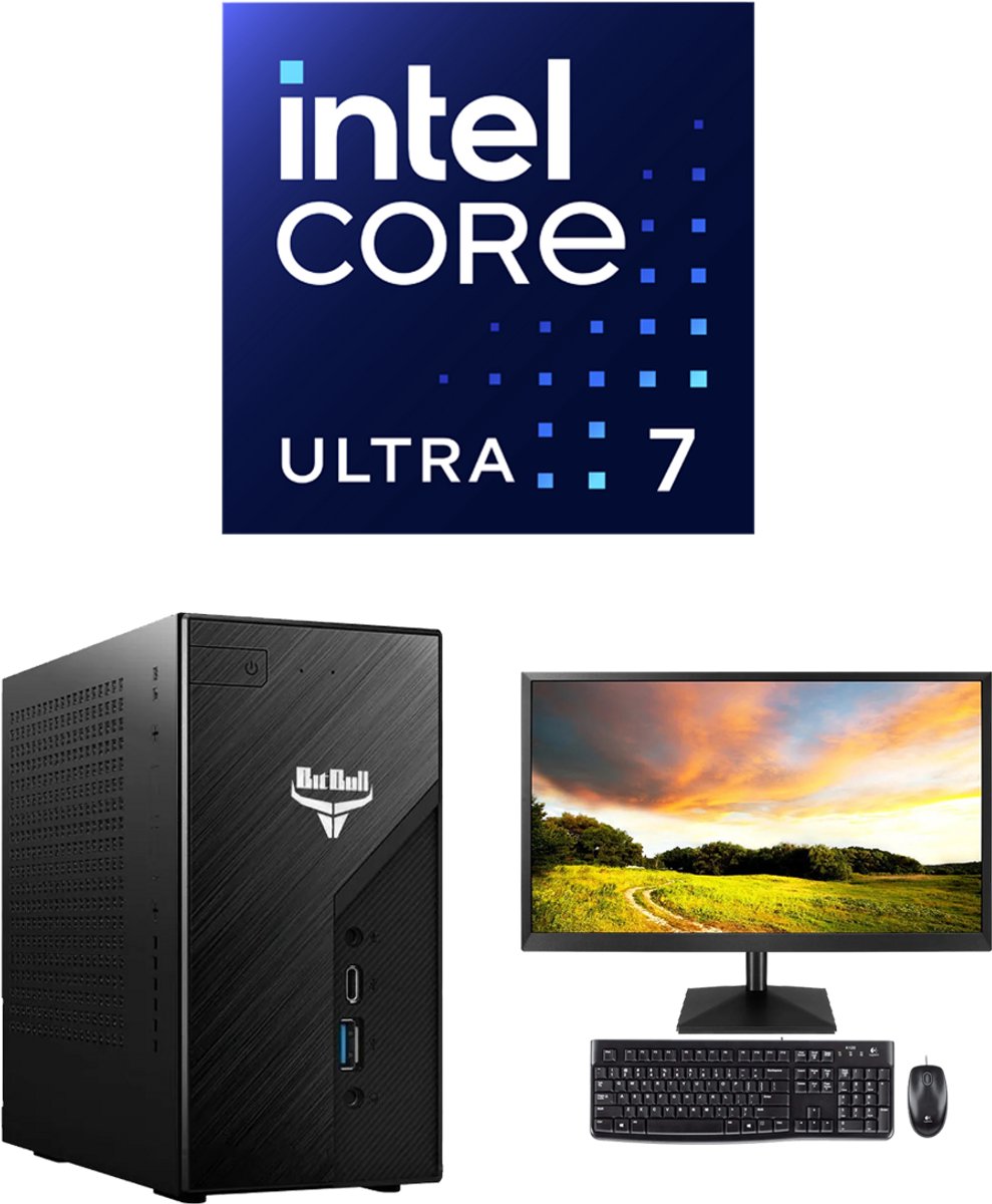 BitBull All in one Mini PC met 27" QHD monitor|Intel Core Ultra 7|32GB DDR5 RAM|2TB SSD|INCLUSIEF MS OFFICE 2024|24-Core 270K|WIFI 6E|BT 5.4|LAN 2.5|USB Gen 2x2|Thunderbolt 4|4 Monitoren Support