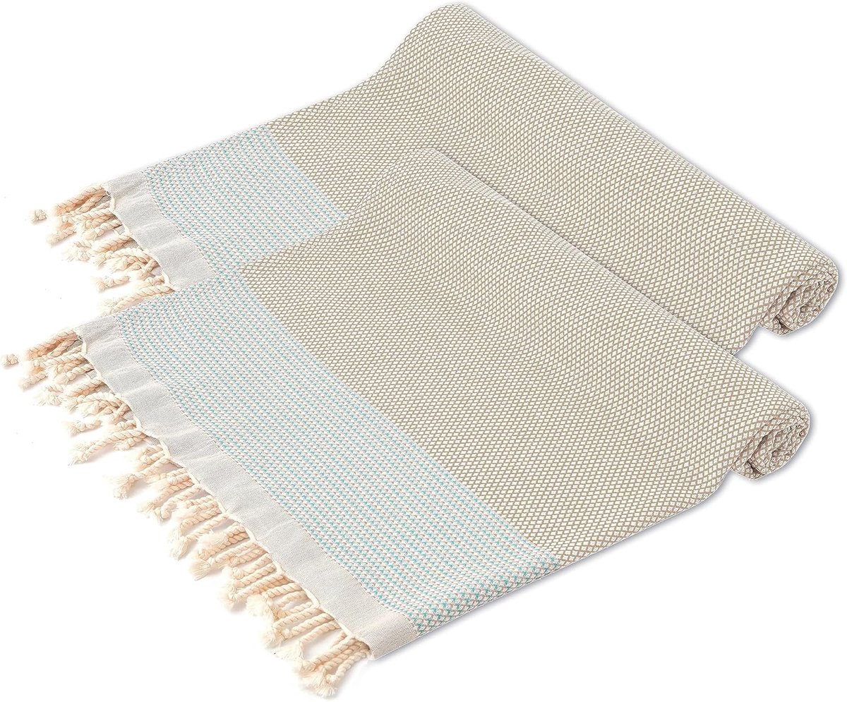 SnelShoppen - Turkish Peshtemal Hammam Handdoek XXL 100x180cm Beige - Lichtgewicht, Sneldrogend, Ultra Zacht 100% Katoen - 2 Stuks voor Strand, Spa, Y