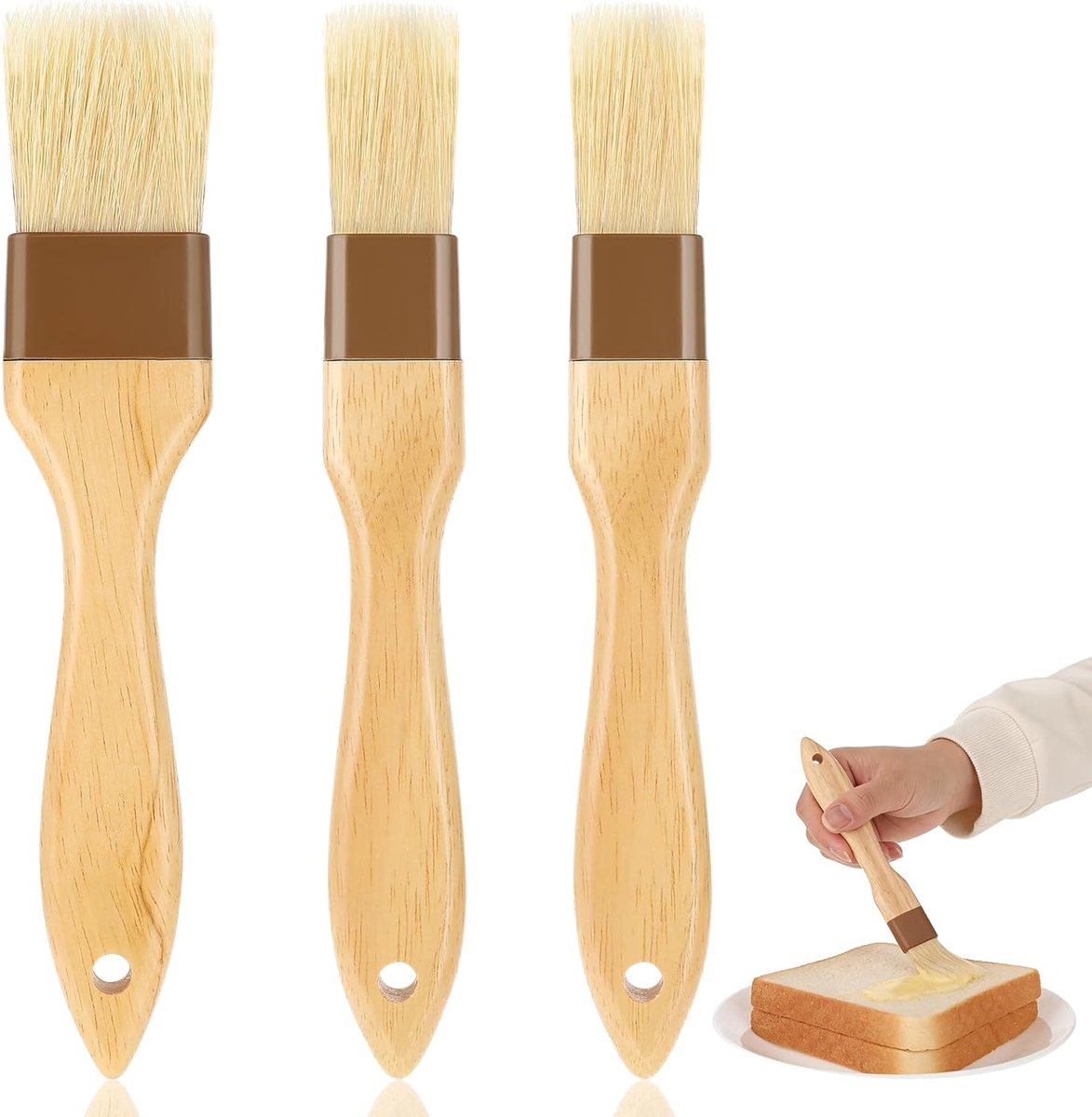 SnelShoppen - 3 Stuks Bakborstels Set - 3/4.5 cm Koken, BBQ Borstels met Houten Handvat, Natuurlijke Borstels voor Bakken, Grillen, Basting, Olie Bors