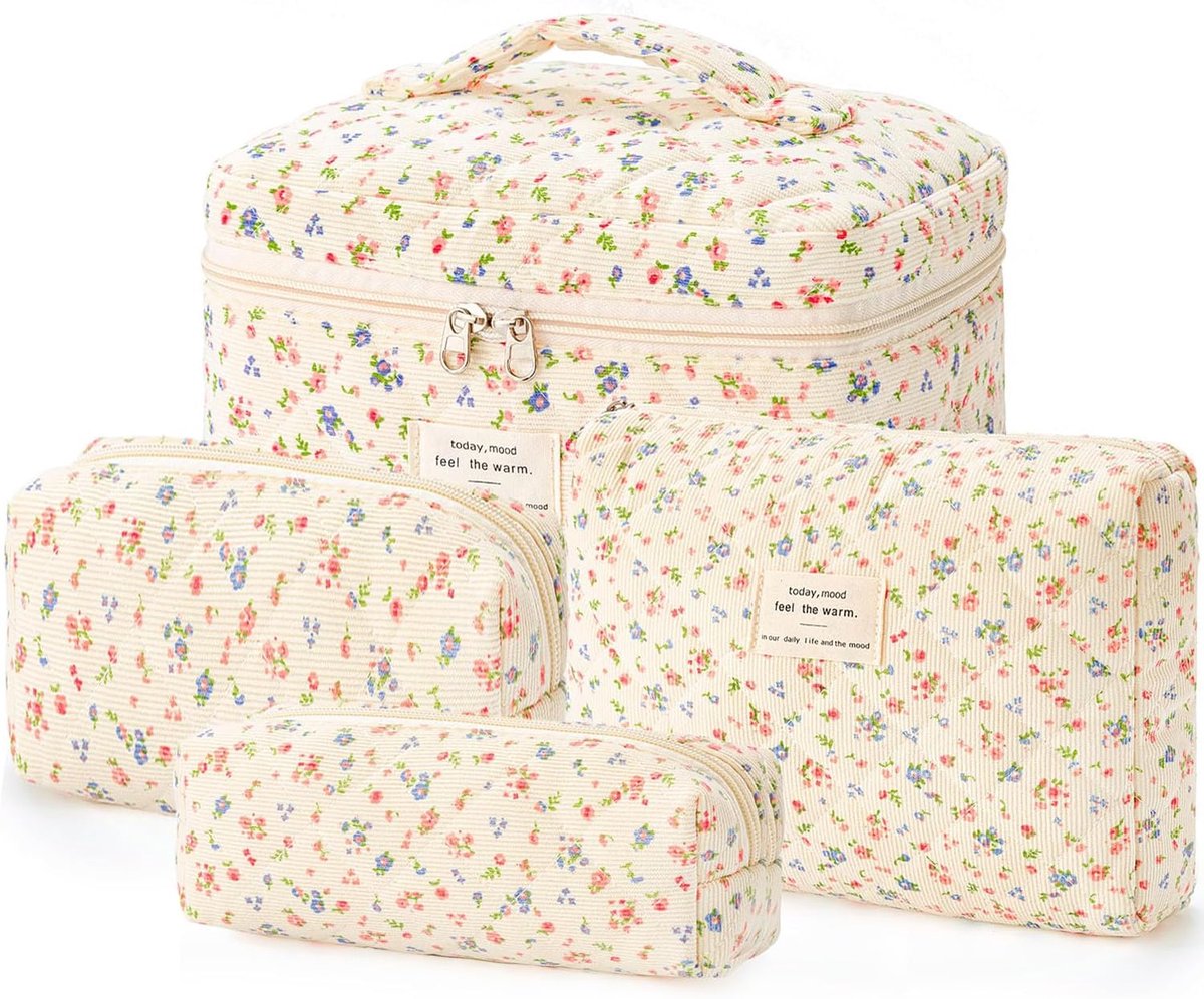 SnelShoppen - Set van 4 Makeup Tassen - Toilettas voor Vrouwen - Draagbare Makeup Tas - Reistas & Waszak voor Dagelijks Gebruik - Bloemenprint - Perfe