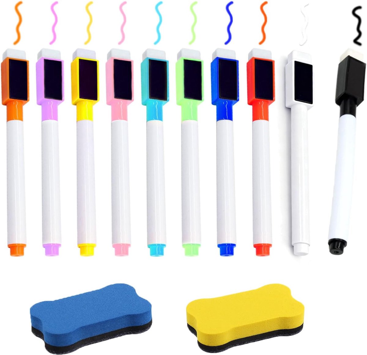 Whiteboardmarkers Set 10 Kleuren Wasbaar Fijne Punt Inclusief Spons