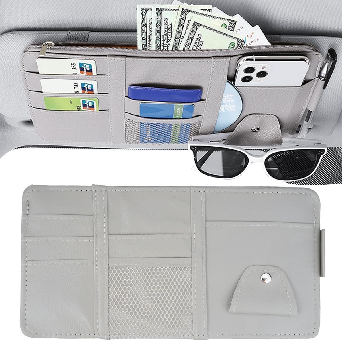 SnelShoppen - 31x15.5cm PU Leren Auto Zonnevis Organizer met Zonnebrilhouder | Meerdere Opbergvakken voor Rijbewijzen, Kaarten en Zonnebrillen