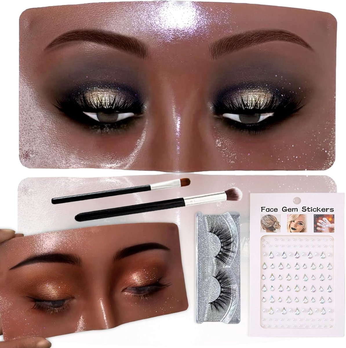 SnelShoppen - Makeup Practice Face Kit - Full Silicone Makeup Mannequin Set - Inclusief Eyebrow Brush, False Eyelashes en Gemstone Patch - Zwart - 6.5
