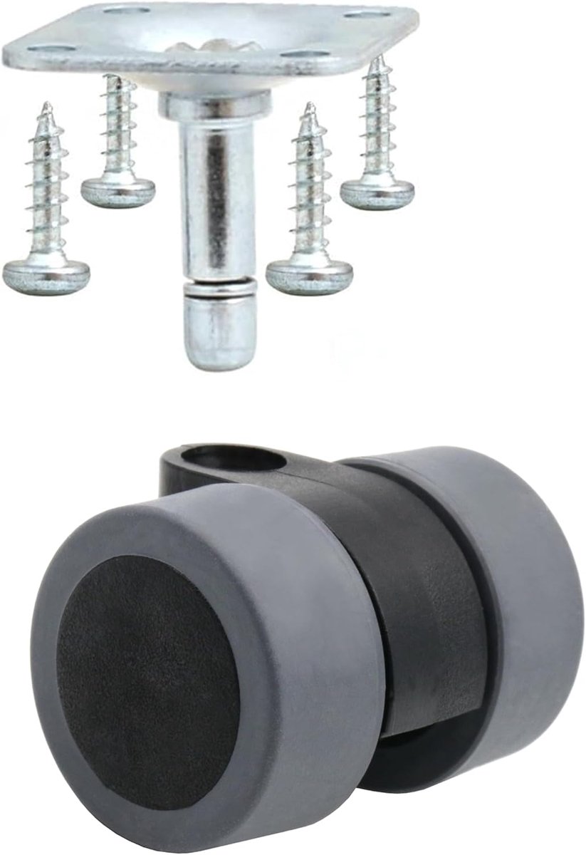 SnelShoppen - Set van 4 Universele Meubelrollen 30 mm Rubber Rollen met Sleeve + Pin, Schroefplaat + Schroef voor Harde Vloeren - Stil en Sterk