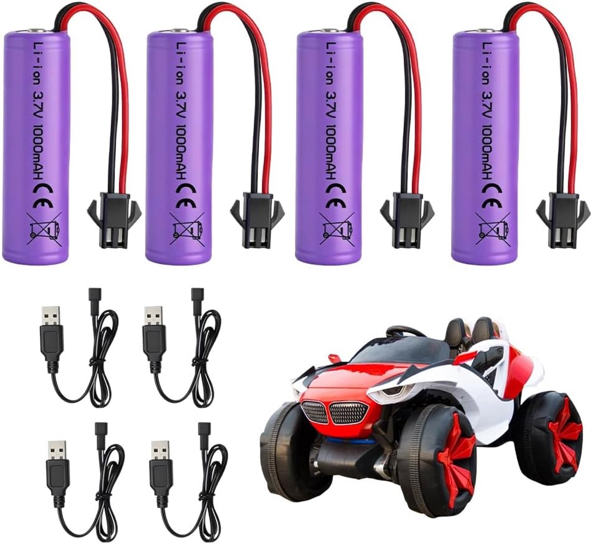 SnelShoppen - 4 Stuks 3.7V Oplaadbare Lithium Batterijen 1000mAh met USB Opladers SM-2P Plug - Universele Li-ion Batterijen voor RC Voertuigen, Botens