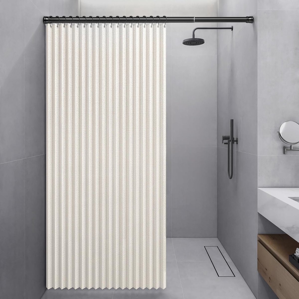 SnelShoppen - Waterdichte Vouwbare Douchgordijn, Zware Anti-Schimmel Linnen Douchgordijn, Magnetische Spat Waterdicht, Snelle Bevestiging Beige, 100 x
