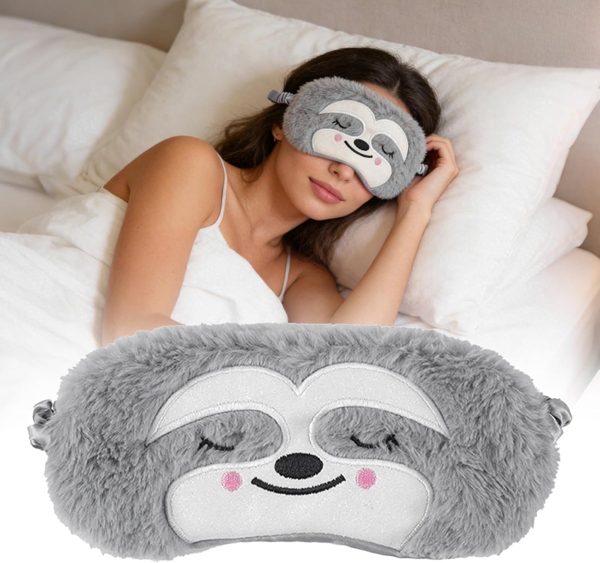 SnelShoppen - Grijs Pluche Pluizig Slaapmasker - Ademend Verduisterend Oogmasker voor Reizen - Schattige Cartoon Luiaard voor Mannen, Vrouwen, Kindere