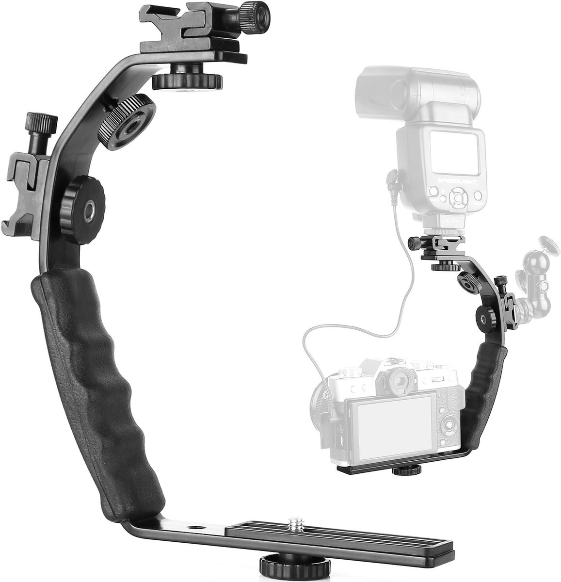 SnelShoppen - Heavy Duty Camera L Bracket Mount met Dubbele Flash Cold Shoe, 1/4" Tripod Schroef, Padded Hand Grip voor DSLR en Camcorder