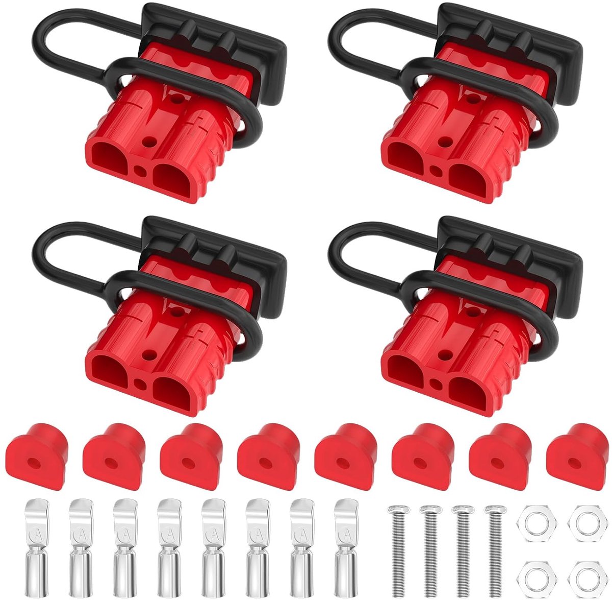 SnelShoppen - Set van 4 Accu-Snelkoppelingen 50A met 6-12 AWG Stekkers voor Auto, Lier en Aanhanger - 600V Capaciteit, Complete Kabelboomset met Behui