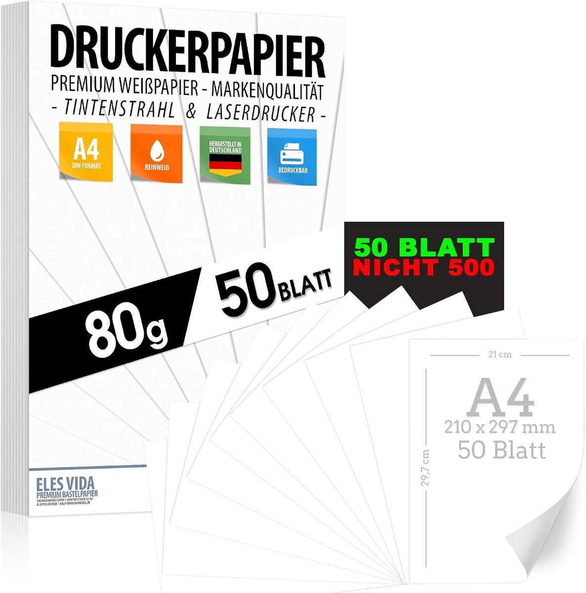 SnelShoppen - Printerpapier A4 80 g Wit 50 Vellen Premium Papier Pure Wit DIN A4 (21 x 29,7 cm) Kopieerpapier Laser en Inktjet voor Kantoor, Universit