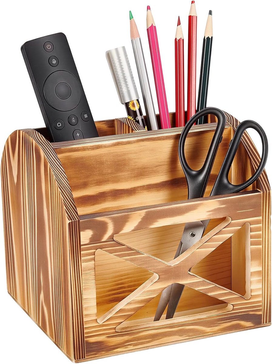 SnelShoppen - Rustieke Houten Bureau Organizer - Vintage Afstandsbediening Houder - 16x15,1cm Houten Kantoorbenodigdheden Houder - 3 Slot Tafelblad De