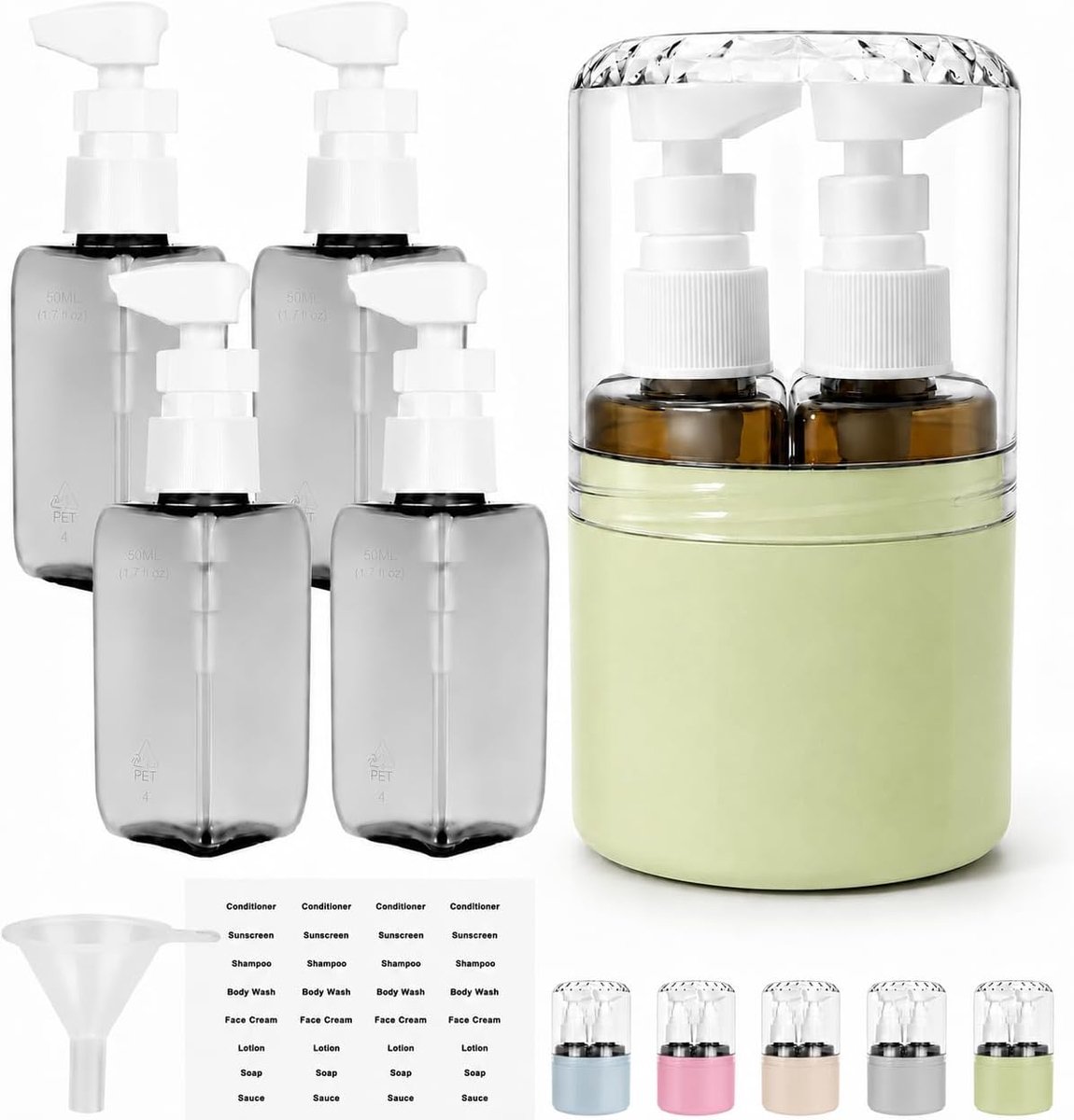 SnelShoppen - Hervulbare Reisdispenser 4-in-1 Set - 4 x 50 ml Lekvrije Reisflesjes in Harde Opbergtas met Pompdispensers - Ideaal voor Handbagage en V