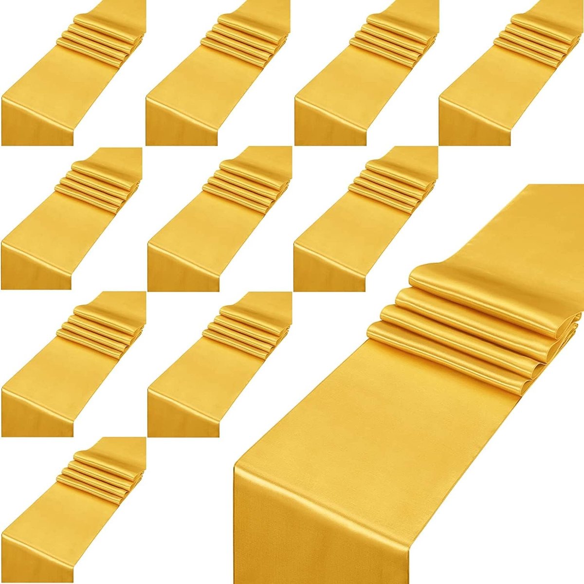 SnelShoppen - 12 Stuks Satijnen Tafelrunner 30cm x 275cm Gouden Lange Tafelrunner van Satijn voor Bruiloft, Verjaardag, Graduatie en Feestdecoratie
