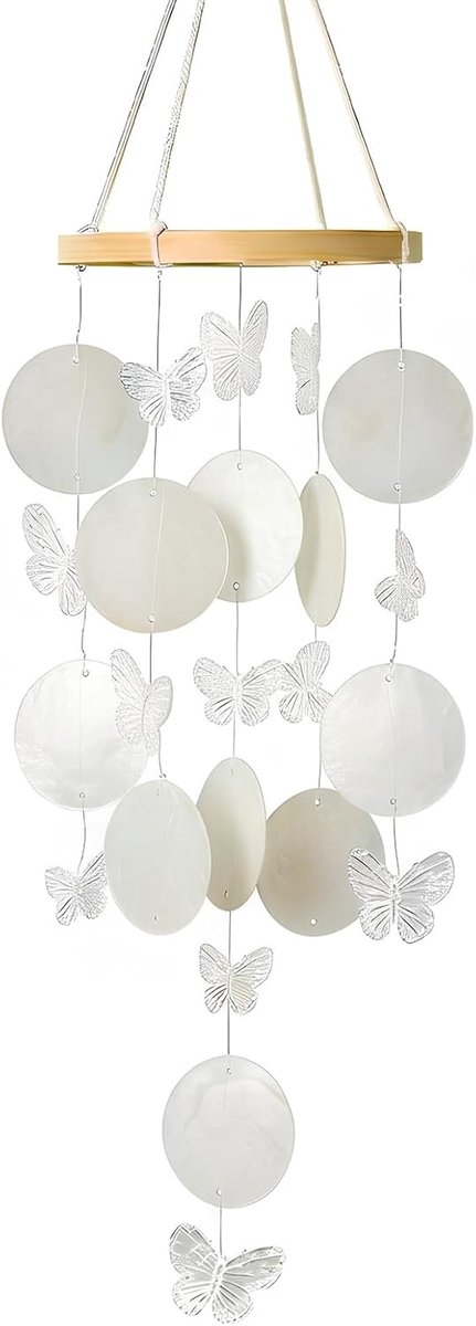 SnelShoppen - Wind Chime Schelpen met Vlinders - Boho Tuindecoratie - Droomvanger van Moeder van Parel - Witte Wanddecoratie voor Tuin, Balkon, en Woo