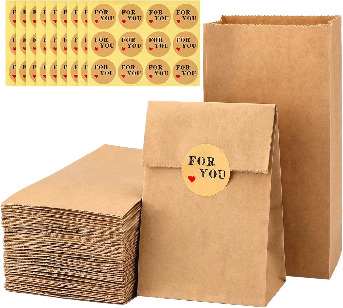 SnelShoppen - 50 Stuks Kleine Kraft Papieren Zakjes - 9x6x18 cm - Bruine Cadeauzakken met Stickers - Duurzaam en Sterk - Ideaal voor Feestjes, Advents