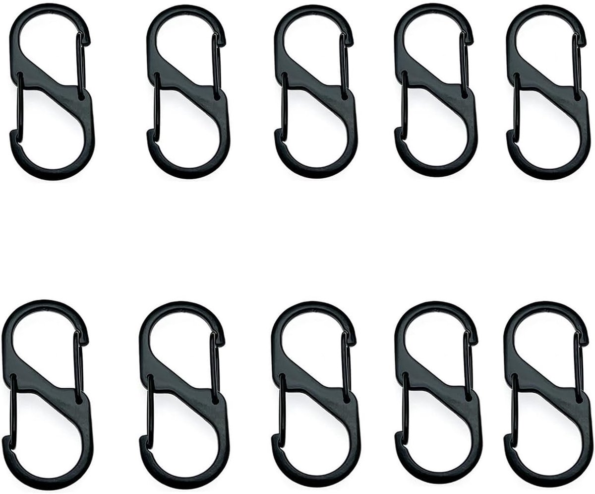 SnelShoppen - 8 Stuks S-vormige Karabijnhaken en Sleutelhangers - Zwart Aluminium - Ideaal voor Buiten, Kamperen, Hiken en Meer