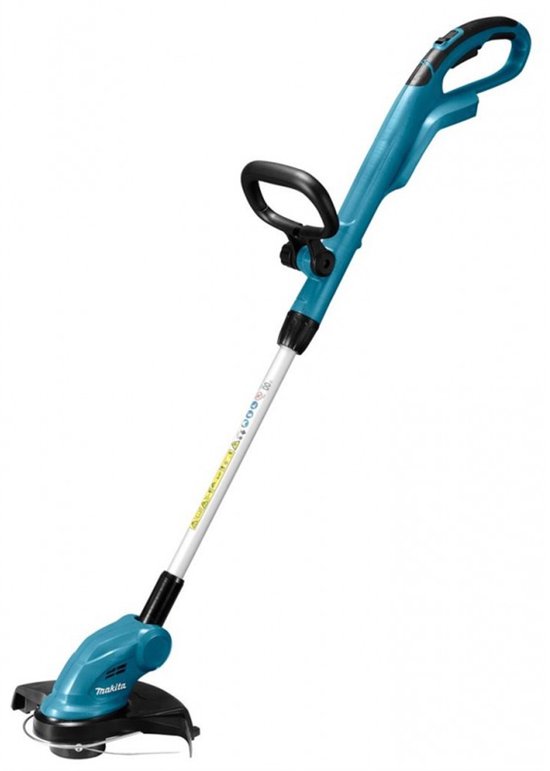 Turquoise Makita grastrimmer met wit handvat en een zwarte lusvormige handgreep.
