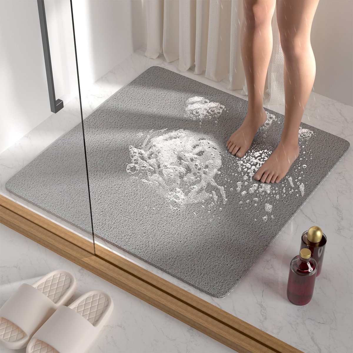 SnelShoppen - HITSLAM Antislip Douchematt, 68 x 68 cm, Antislip Badmat met Afvoer, Zachte PVC Loofah, Sneldrogend, Grijs voor Badkamer