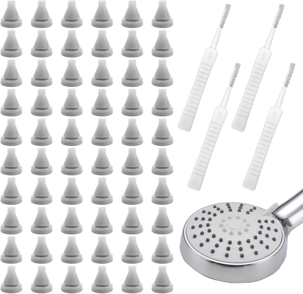 SnelShoppen - 60Pcs Vervangende Douchesproeiers - Silicone Nozzles voor Douchekop - Lichtgrijs - Inclusief 4 Reinigingsborstels - Ideaal voor Douche R