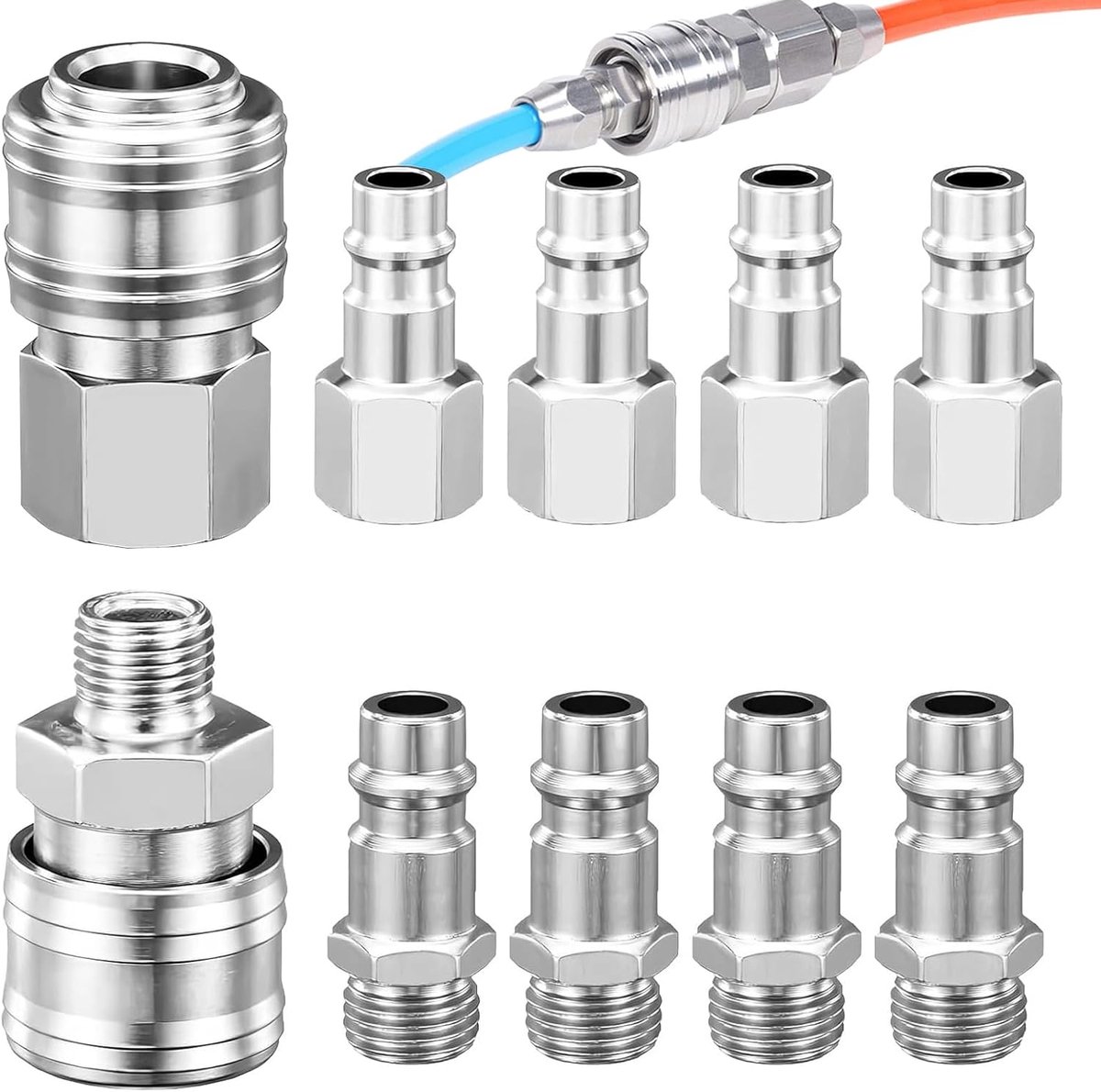 SnelShoppen - 10Pcs Air Line Connectors 1/4" BSP Snelsluiting, Luchtdruk Koppelingen voor Compressoren, Verbindingsset voor Luchtslangen, Roestvrij St