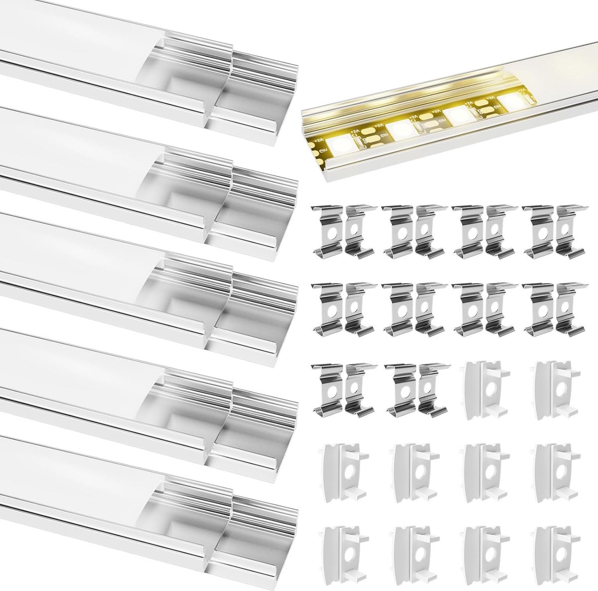 SnelShoppen - LED Profiel Aluminium 20 x 1 m U-Shape met Melkachtige Deksel, Eindkappen en Montageklem voor LED Strips, Verlichting voor Thuis, Tuin e