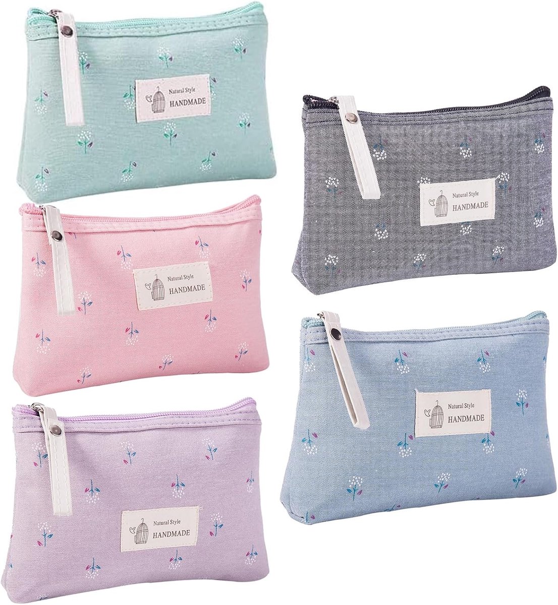 SnelShoppen - Makeup Bag Small 5 Stuks - Mini Cosmetic Bag voor Handtas - Kleine Reistas - Katoenen Make-up Tas - Paarse, Lichtblauwe, Lichtroze en Gr