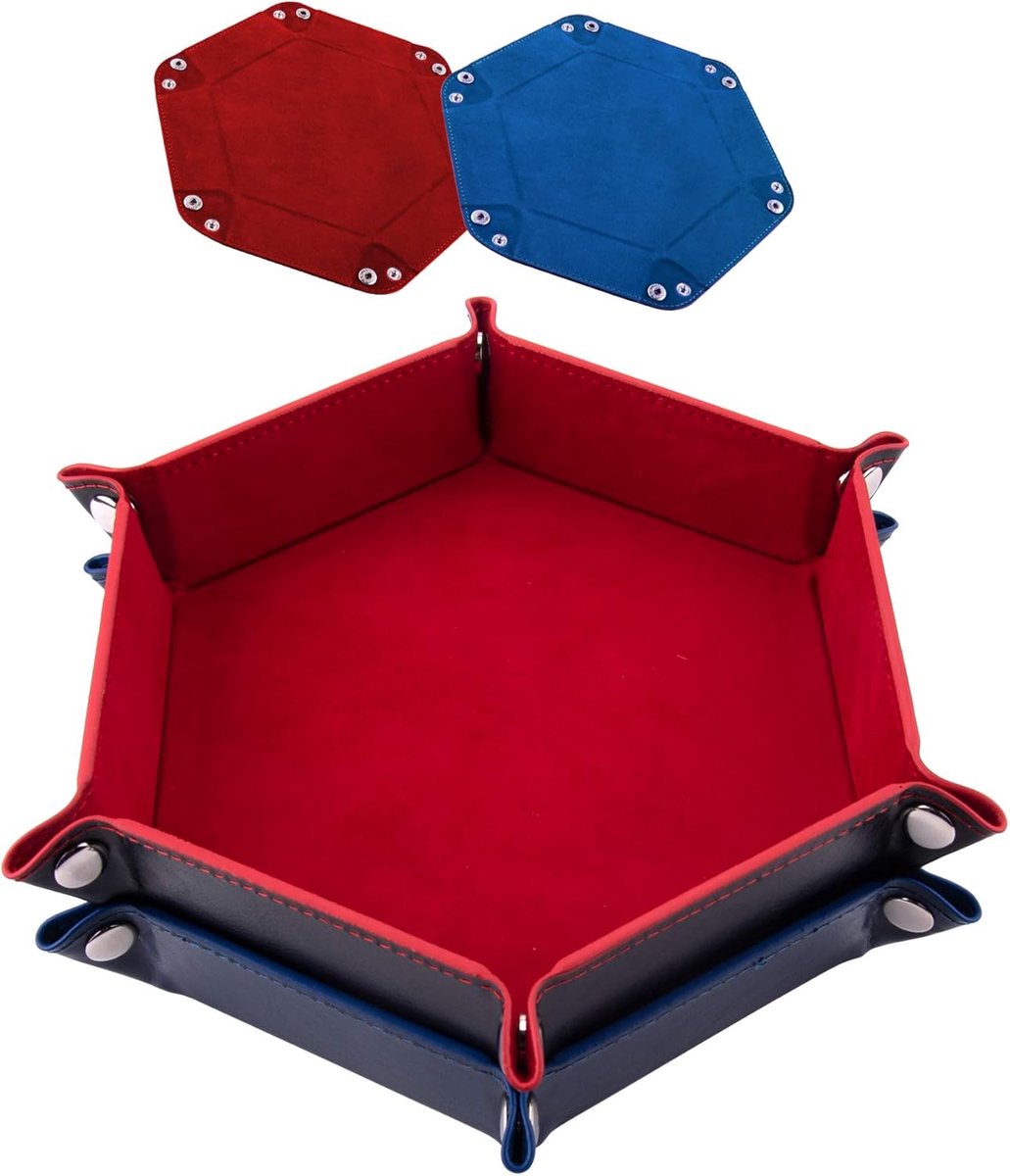 SnelShoppen - 2x Dice Tray Hexagon Dice Vouwtray PU Leren Velours Houder voor DND, RPG en Tafelspellen, Rood en Koningsblauw