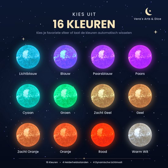 Zon Lamp - Vera's Arts & Dice - 16 Verschillende Kleuren - Planeet Lampen - Sun Lamp - LED Lamp - Oplaadbaar Dimbaar Stroboscoop Afstandsbediening - 3D Print Handmade - Lampen Sfeerverlichting - Slaapkamer Woonkamer Kinderkamer van Vera's Arts & Dice — afbeelding 4