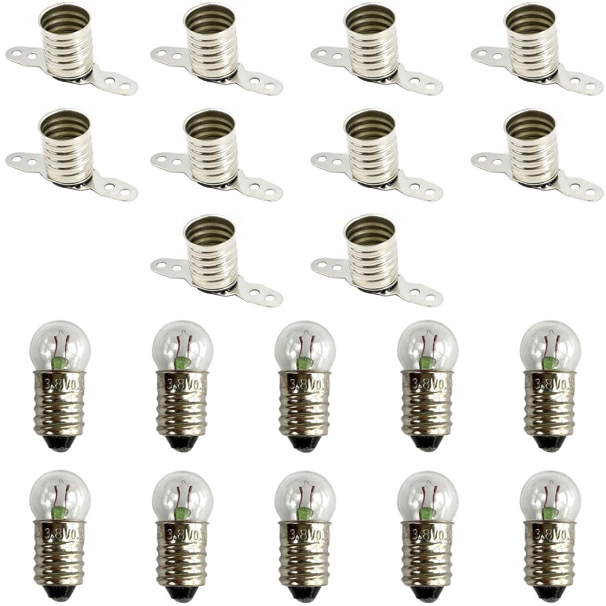 SnelShoppen - Set van 10 E10 Lampen en 10 Fittingen - 3.8 V 0.3 A - Elektrische Circuitbouwset voor School en Creatieve Experimenten