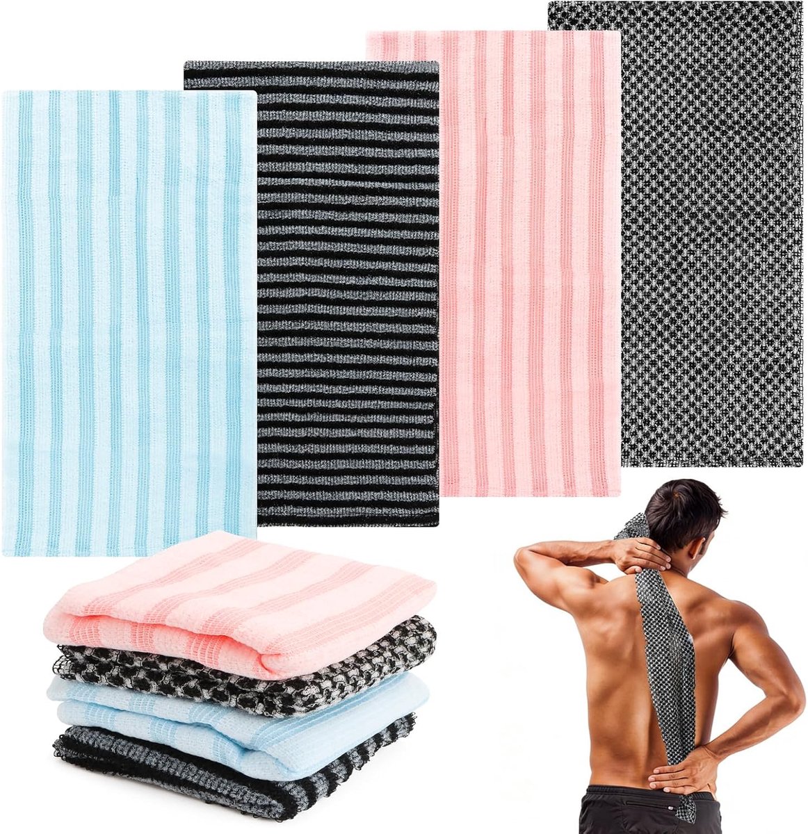 SnelShoppen - Exfoliating Douchedoek - 4 Stuks Japanse Exfoliërende Doek - Extra Lange Dubbelzijdige Wasdoek - Rugreiniger voor Spa, Bad en Douche - U