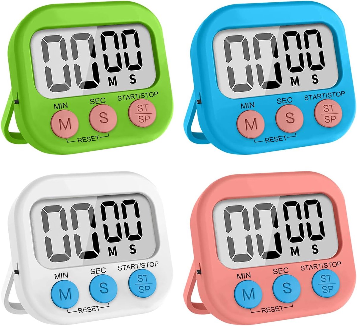 SnelShoppen - 4-delige Keuken Timer Set met Groot LCD Scherm, Vouwstandaard, 4 Kleuren, Perfect voor Koken, Bakken, Sport en Leren