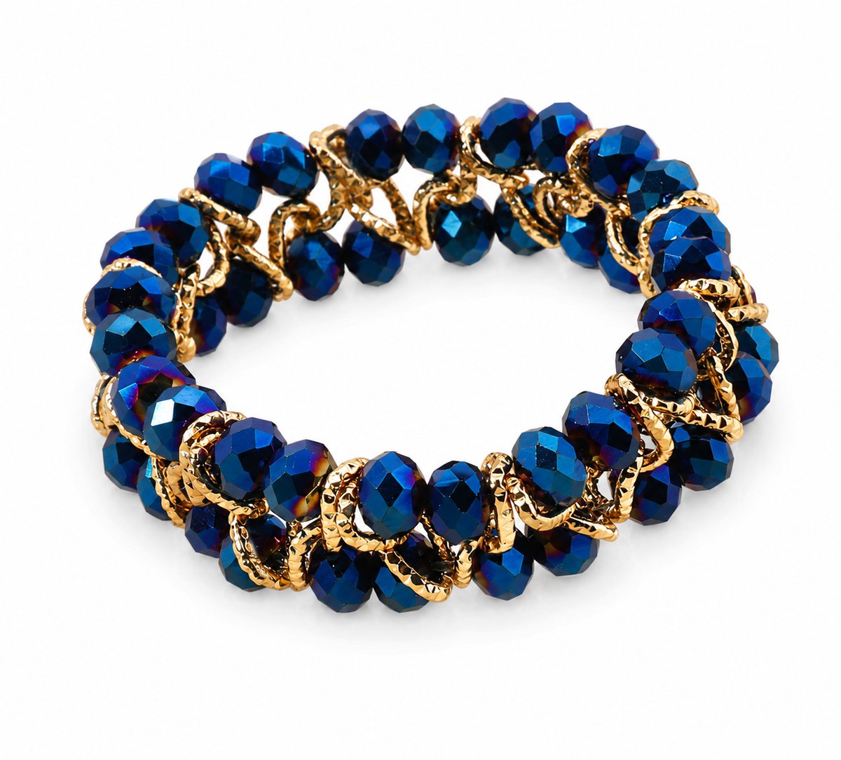 Luxamore® Kralenarmband Dames – Handgemaakte Armband met Facetgeslepen Glazen Kralen – Blauw Goudkleurig – Elastisch Armbandje – Cadeau voor Vrouwen