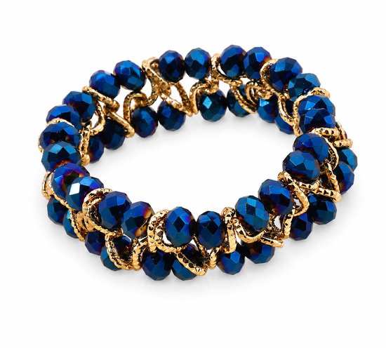 Blauwe facetgeslepen glazen kralenarmband met goudkleurige schakels.