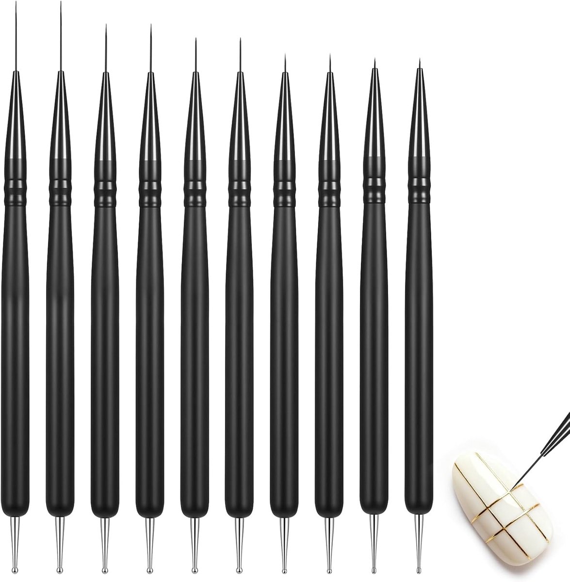 SnelShoppen - 10PCS Nagel Art Penselen Set, Dubbelzijdige Nail Art Liner Pens, Dunne Liner voor Gedetailleerd Schilderen, 7/9/11/15/22mm voor Nagelont