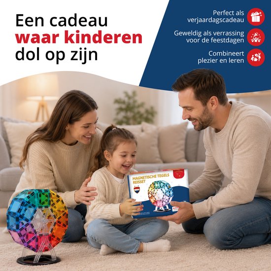 Een gezin met twee kinderen zit op de grond, een vader geeft een kind het magnetische tegel reuzenrad speelgoed.