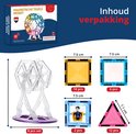 Inhoud van de magnetische tegels reuzenrad reisset. Afmetingen van de vierkante, driehoekige en figuurtegels.