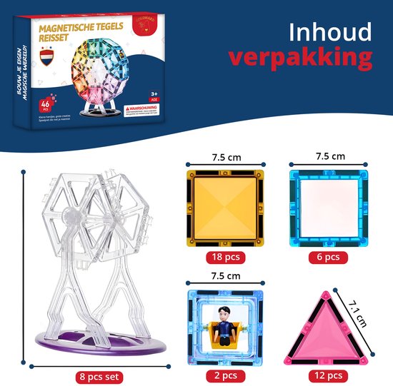Inhoud van de magnetische tegels reuzenrad reisset. Afmetingen van de vierkante, driehoekige en figuurtegels.