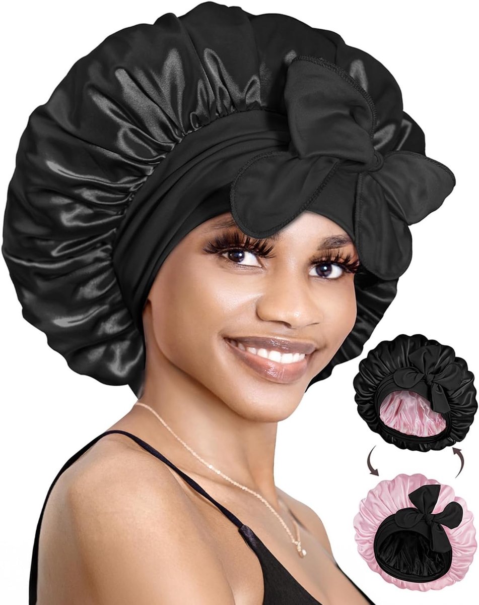 SnelShoppen - Satin Bonnet Dames Verstelbaar Zijden Slaapmuts met Lange Strik, Dubbelzijdig, Zwart & Roze, Ideaal voor Lang en Kort Haar