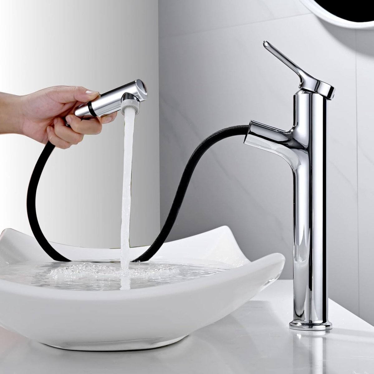 SnelShoppen - Hoge badkamerkraan met uittrekbare douchekop, 2 waterstraaltypes, enkele hendel wastafelmixer, chroom, warm en koud water