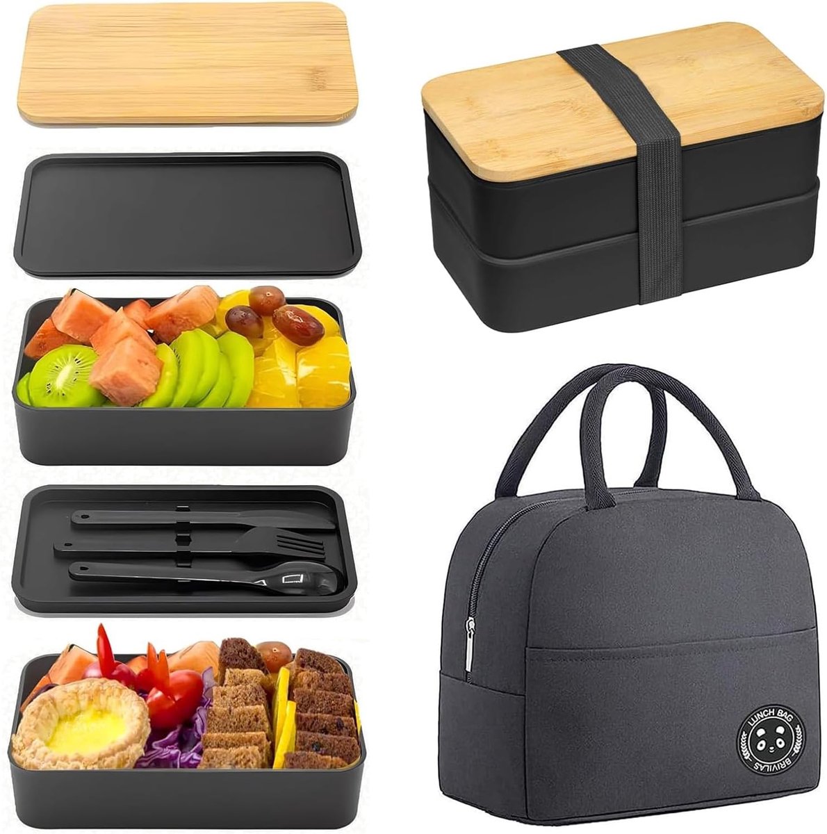SnelShoppen - Bento Box voor Volwassenen - 1200ml Japanse Lunchbox met 2 Lagen en Bamboe Deksel - BPA-vrij, Inclusief Bestek en Lunchtas - Zwarte Stap