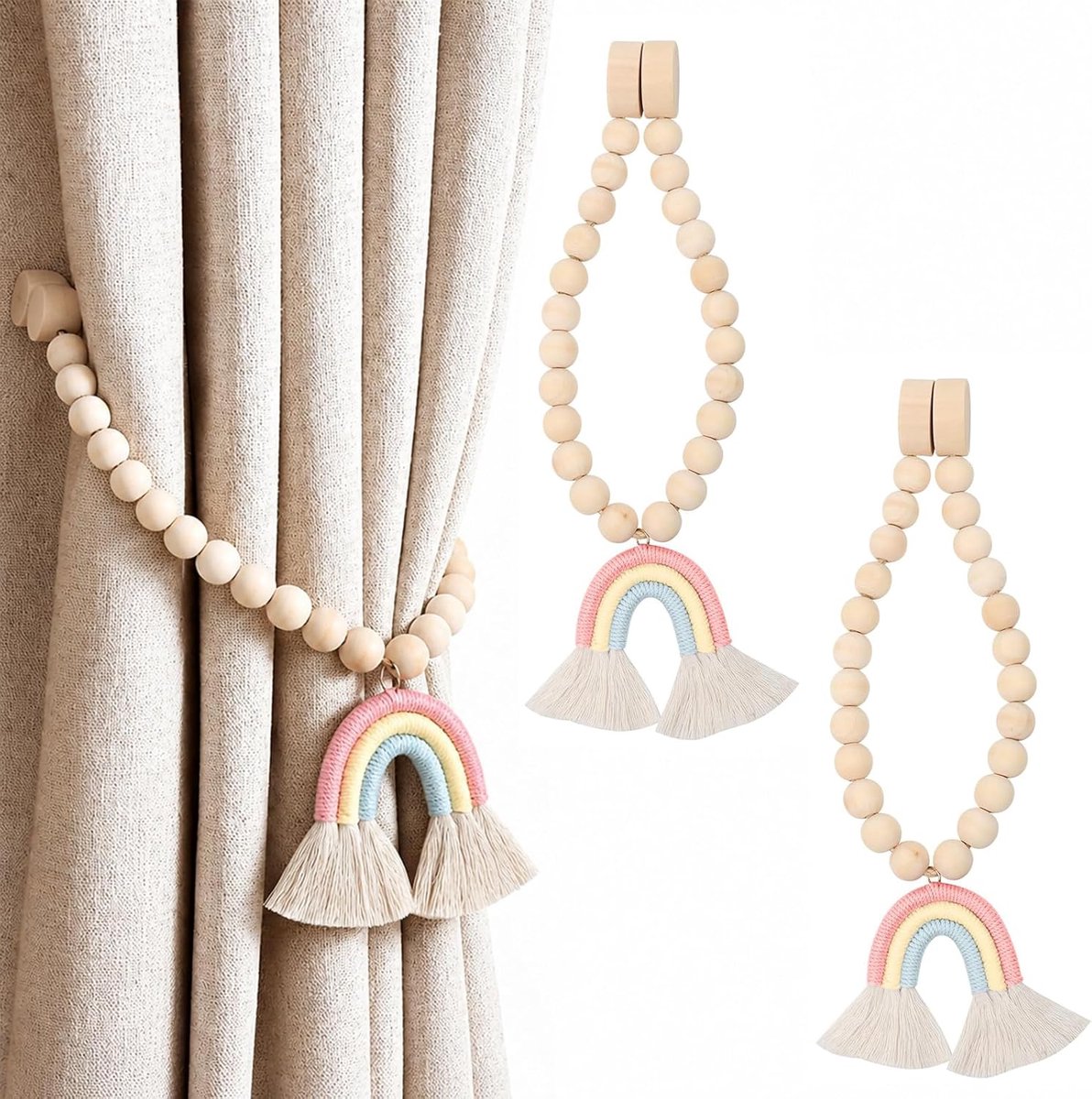 SnelShoppen - 2 Stuks Magnetische Gordijnhouders met Regenboogtassels, Geen Snijden Nodig, Grijs & Wit, Ideaal voor Woonkamer, Slaapkamer en Kantoor