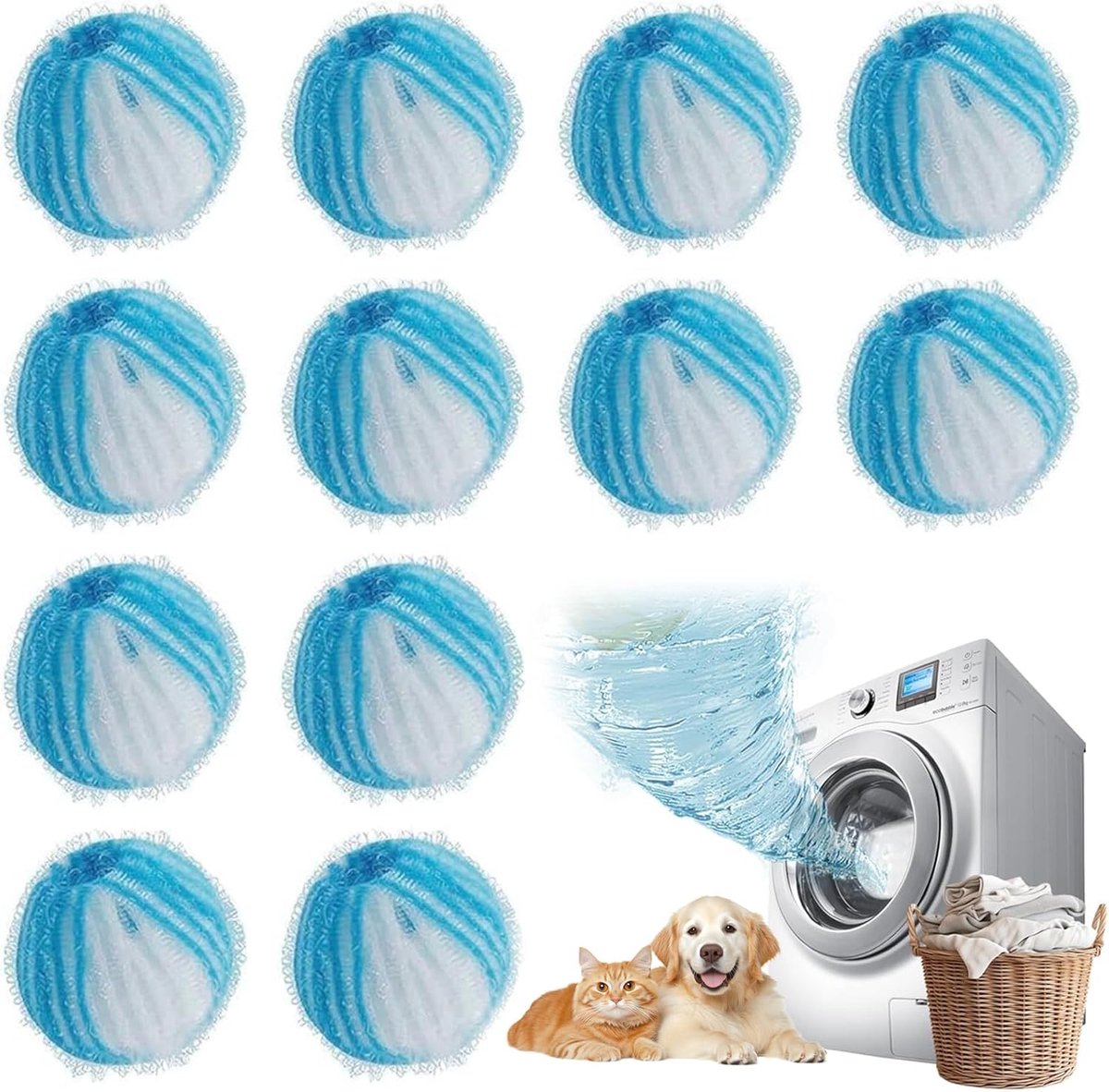 SnelShoppen - 12 stuks herbruikbare haarvangers voor wasmachine, ideaal voor honden en katten, verwijderen dierenharen en pluisjes, blauw, huishoudset