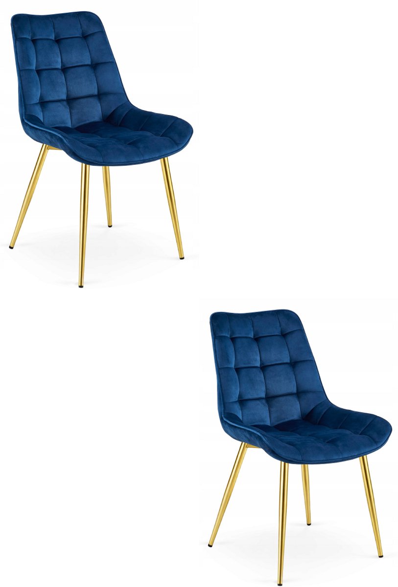 Oskar Set van 2 Eetkamerstoelen BERA – Donkerblauw Velvet / Fluweel – Gestoffeerde Zitting – Goudkleurige Metalen Poten – Modern Scandinavisch Design – Voor Eetkamer, Keuken en Woonkamer