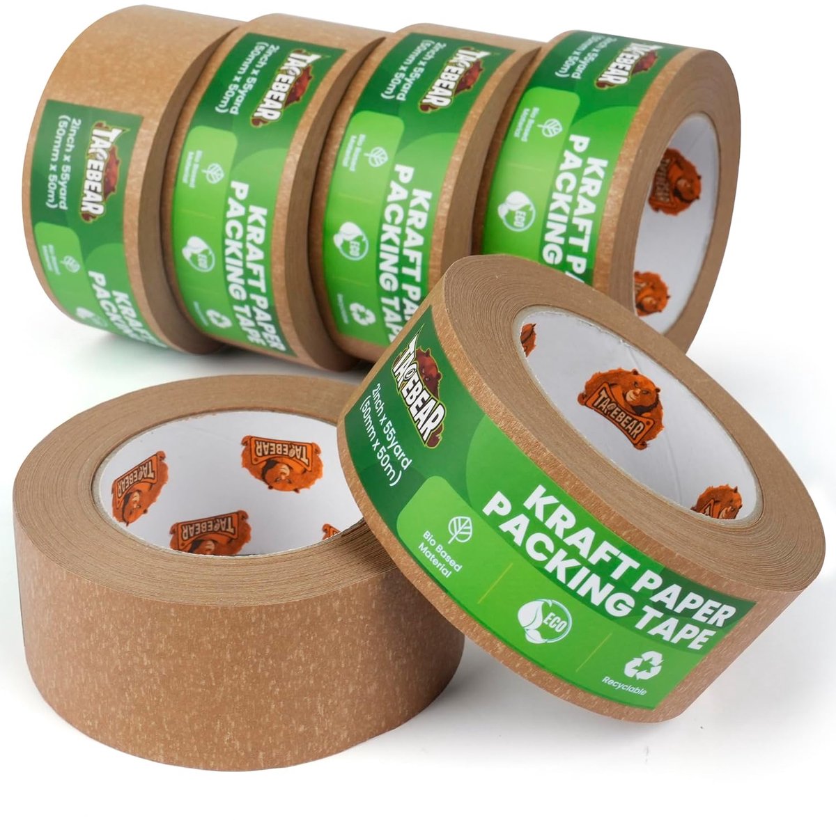 SnelShoppen - TAPEBEAR Verpakkingsband 50 m x 50 mm, 6 Rollen Gerecycled Bruin Plakband, Milieu-vriendelijk voor Dozen, Verhuizen en Verzenden