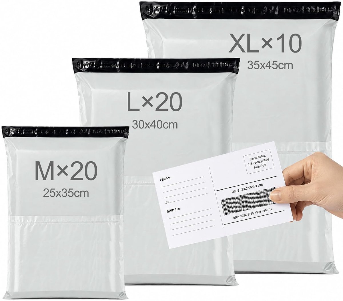 SnelShoppen - 50 Stuks Zelfklevende Verzendzakken, Ondoorzichtig, Waterdicht, Plastic Verzendzakken voor Kleding, Boeken, Geschenken (Wit, M-20, L-20,